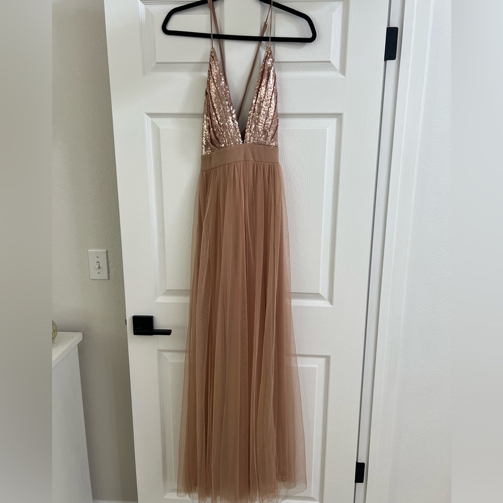 Light Pink Chiffon Style Maxi Dress with Leg Slits and Sequins/ Size M